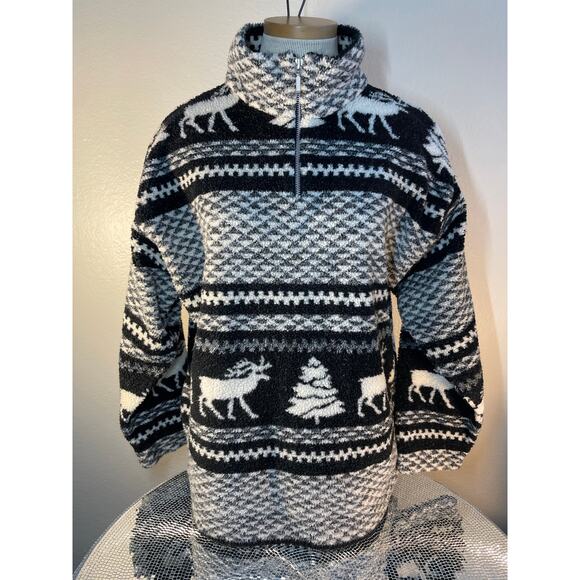 90s essentials style fleece Black and White deer tree Medium - Picture 1 of 14